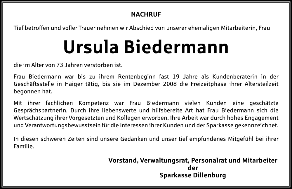  Traueranzeige für Ursula Biedermann vom 07.02.2025 aus Dill Block