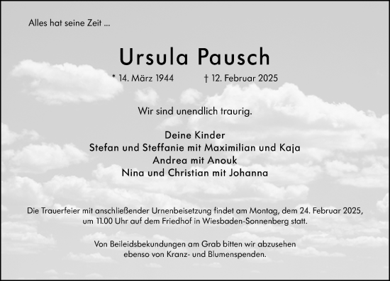 Traueranzeige von Ursula Pausch von Wiesbadener Kurier