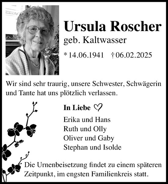 Traueranzeige von Ursula Roscher von Wiesbadener Kurier