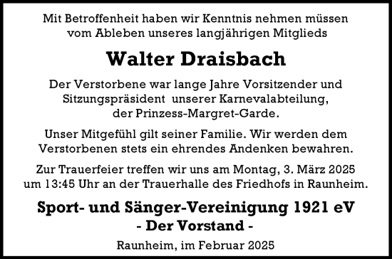 Traueranzeige von Walter Draisbach von Rüsselsheimer Echo