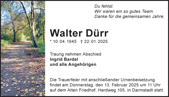 Traueranzeige von Walter Dürr von Darmstädter Echo