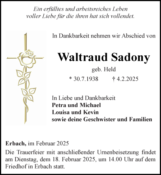 Traueranzeige von Waltraud Sadony von Camberger Anzeiger