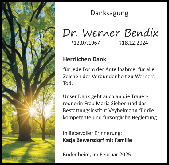 Traueranzeige von Werner Bendix von Allgemeine Zeitung Mainz