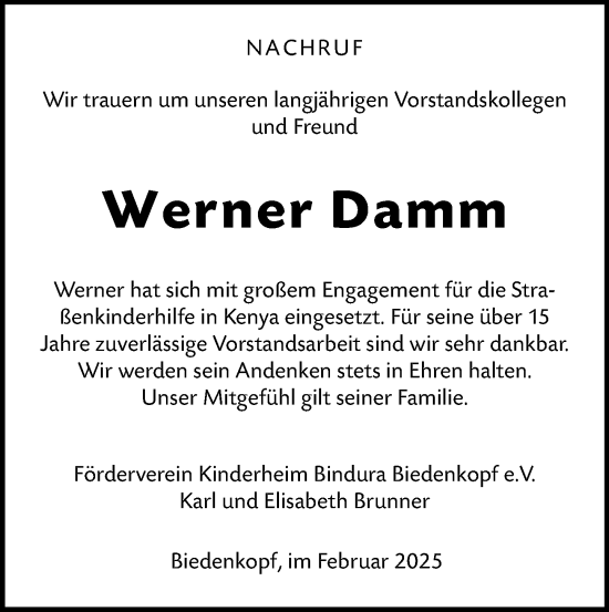 Traueranzeige von Werner Damm von Hinterländer Anzeiger