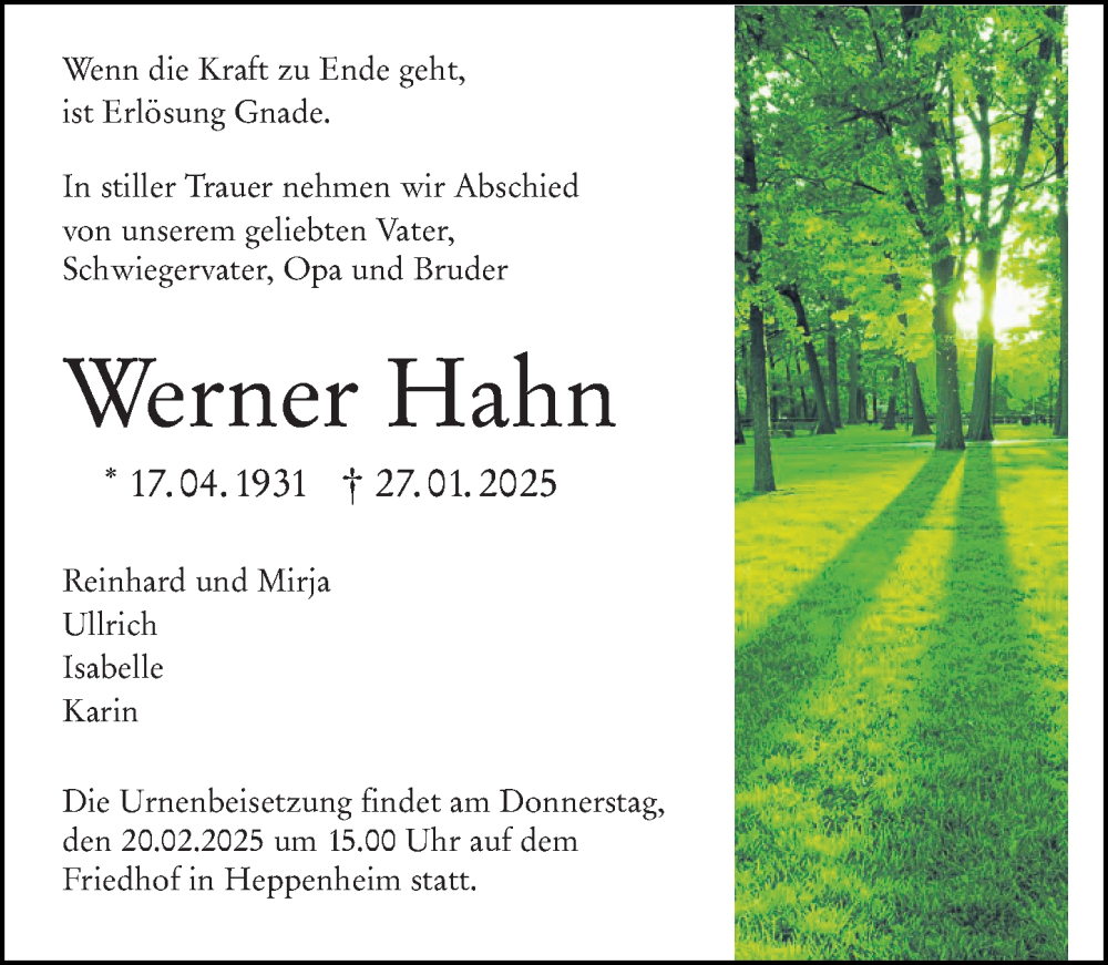  Traueranzeige für Werner Hahn vom 15.02.2025 aus Starkenburger Echo
