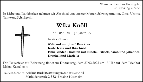 Traueranzeige von Wika Knöll von Allgemeine Zeitung Mainz