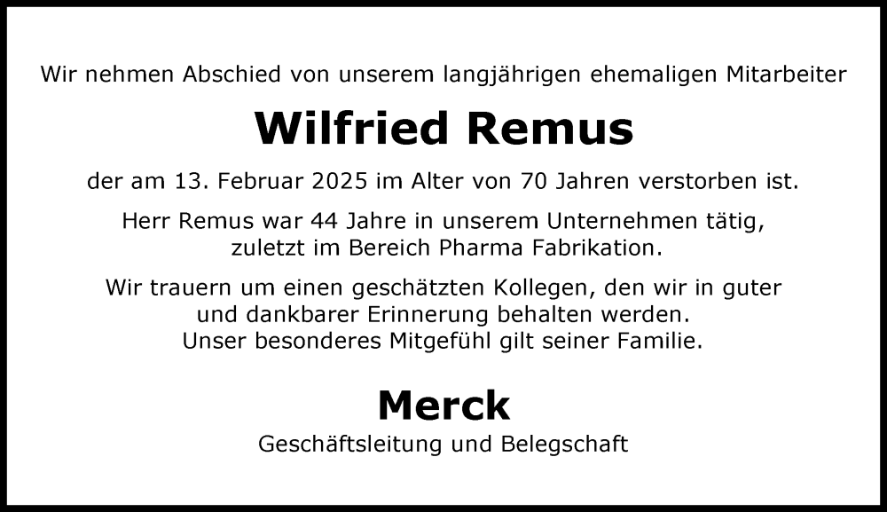  Traueranzeige für Wilfried Remus vom 28.02.2025 aus Darmstädter Echo