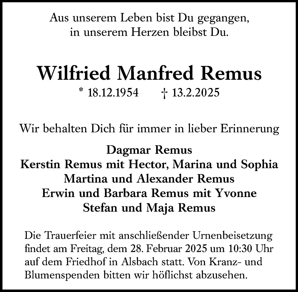 Traueranzeige für Wilfried Manfred Remus vom 22.02.2025 aus Darmstädter Echo