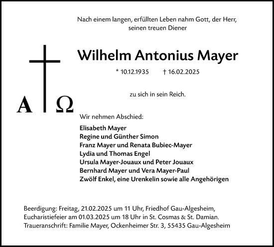 Traueranzeige von Wilhelm Antonius Mayer von Allgemeine Zeitung Rheinhessen-Nahe