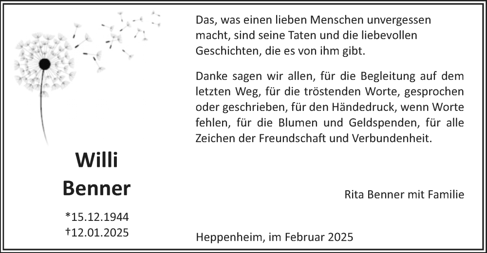  Traueranzeige für Willi Benner vom 15.02.2025 aus Starkenburger Echo
