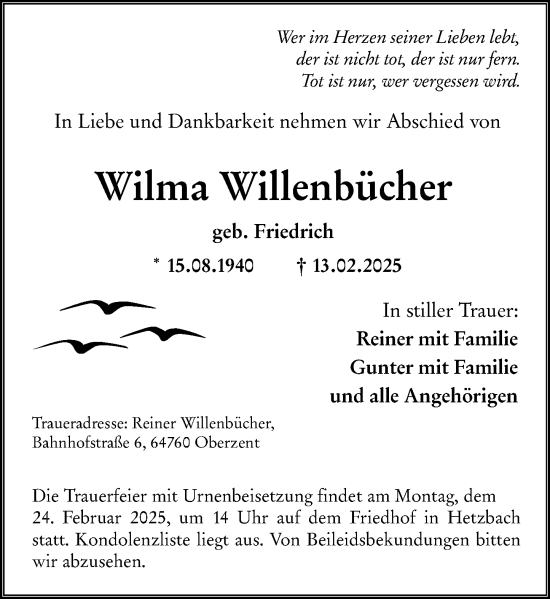 Traueranzeige von Wilma Willenbücher von Odenwälder Echo