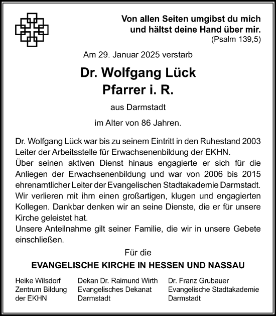 Traueranzeige von Wolfgang Lück von Darmstädter Echo