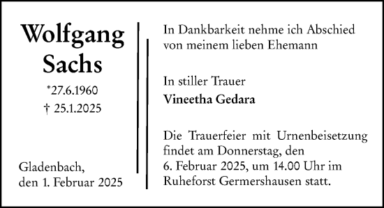 Traueranzeige von Wolfgang Sachs von Hinterländer Anzeiger