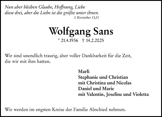 Traueranzeige von Wolfgang Sans von Allgemeine Zeitung Mainz