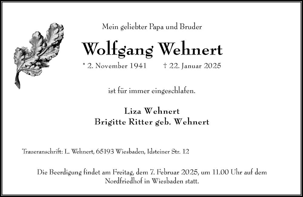  Traueranzeige für Wolfgang Wehnert vom 01.02.2025 aus Wiesbadener Kurier