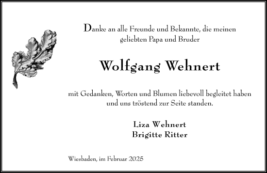 Traueranzeige von Wolfgang Wehnert von Wiesbadener Kurier