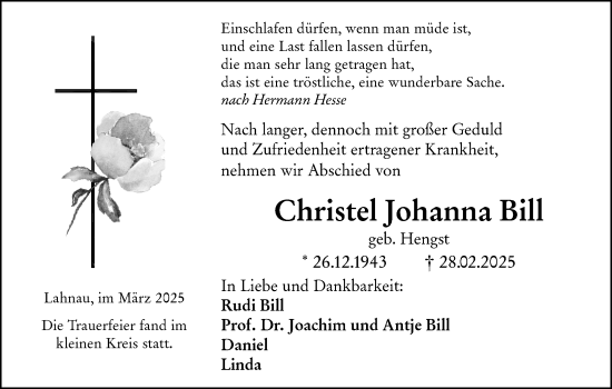 Traueranzeige von Christel Johanna Bill von Wetzlarer Neue Zeitung