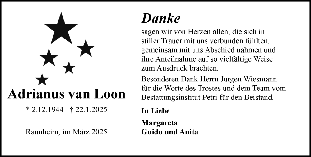  Traueranzeige für Adrianus van Loon vom 15.03.2025 aus Rüsselsheimer Echo