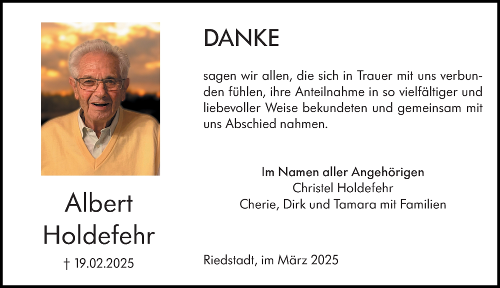  Traueranzeige für Albert Holdefehr vom 29.03.2025 aus Groß-Gerauer Echo