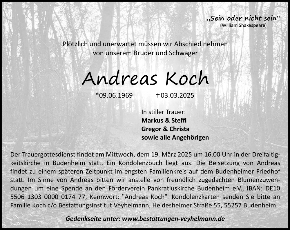  Traueranzeige für Andreas Koch vom 15.03.2025 aus Allgemeine Zeitung Mainz
