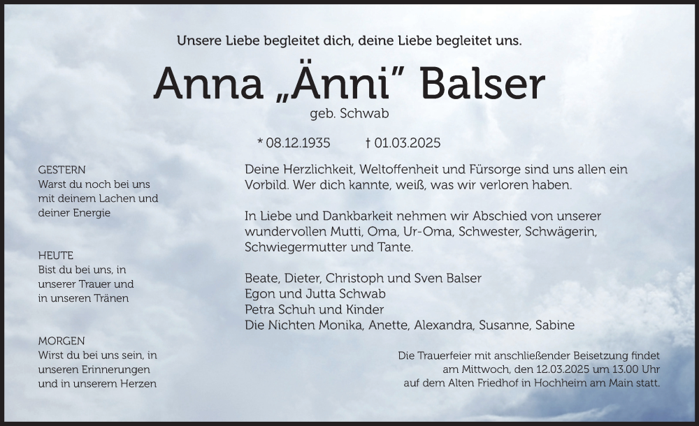  Traueranzeige für Anna Balser vom 07.03.2025 aus Hochheimer Zeitung