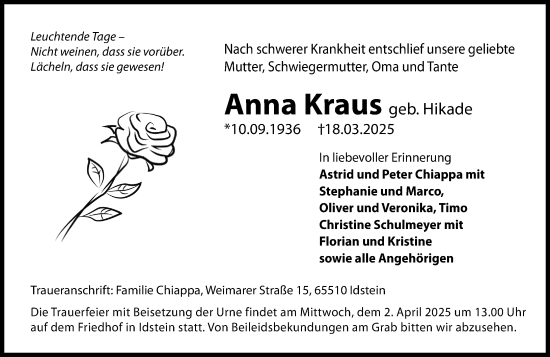 Traueranzeige von Anna Kraus von Idsteiner Land/Untertaunus