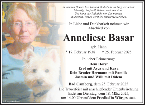 Traueranzeige von Anneliese Basar von Camberger Anzeiger