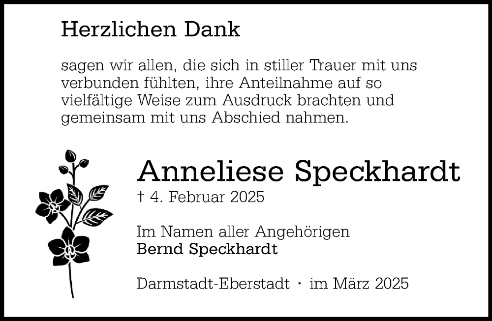  Traueranzeige für Anneliese Speckhardt vom 15.03.2025 aus Darmstädter Echo