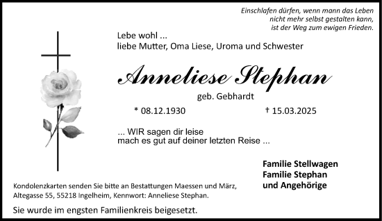 Traueranzeige von Anneliese Stephan von Allgemeine Zeitung Rheinhessen-Nahe