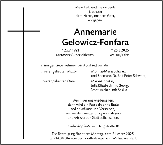 Traueranzeige von Annemarie Gelowicz-Fonfara von Hinterländer Anzeiger