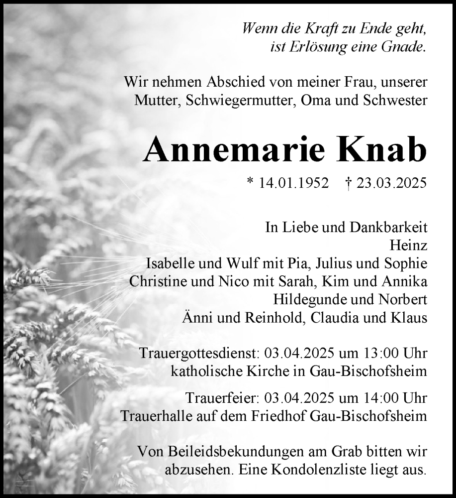  Traueranzeige für Annemarie Knab vom 29.03.2025 aus Allgemeine Zeitung Mainz