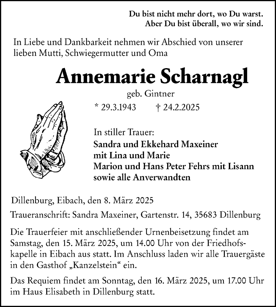  Traueranzeige für Annemarie Scharnagl vom 08.03.2025 aus Dill Block