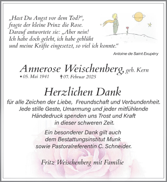 Traueranzeige von Annerose Weischenberg von Hochheimer Zeitung