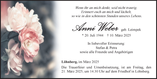 Traueranzeige von Anni Weber von Weilburger Tageblatt