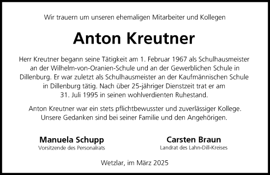 Traueranzeige von Anton Kreutner von Dill Block