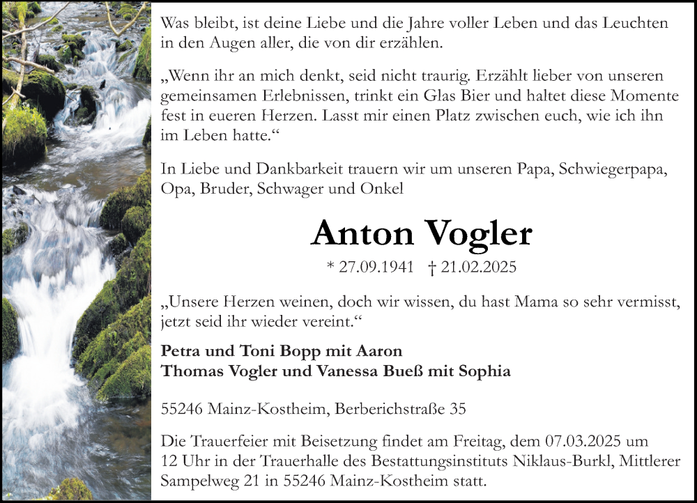  Traueranzeige für Anton Vogler vom 01.03.2025 aus Allgemeine Zeitung Mainz