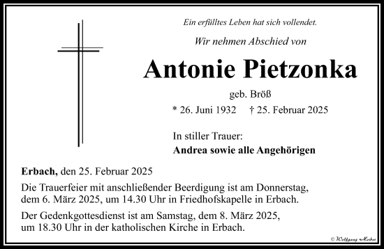 Traueranzeige von Antonie Pietzonka von Camberger Anzeiger