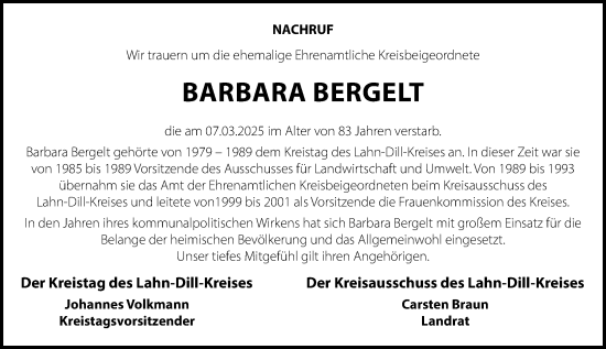 Traueranzeige von Barbara Bergelt von Dill Block