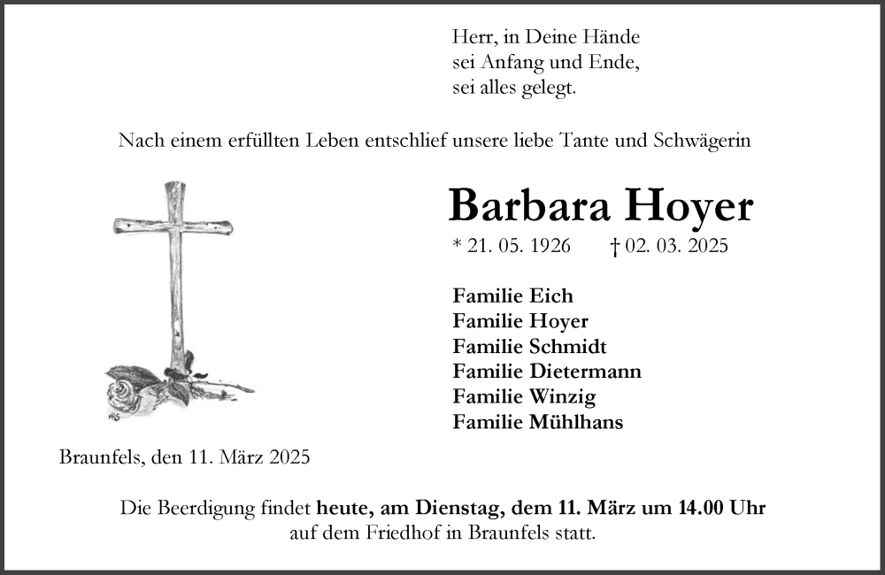  Traueranzeige für Barbara Hoyer vom 11.03.2025 aus Wetzlarer Neue Zeitung