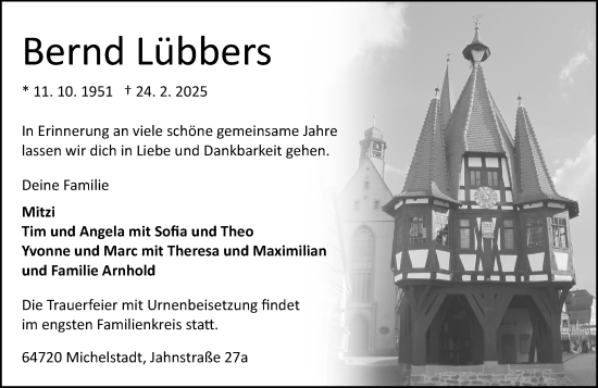 Traueranzeige von Bernd Lübbers von Odenwälder Echo