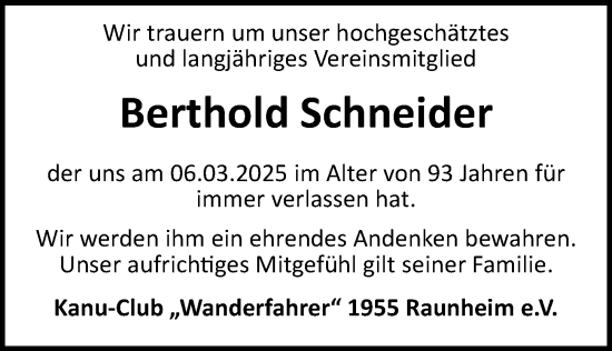 Traueranzeige von Berthold Schneider von Rüsselsheimer Echo