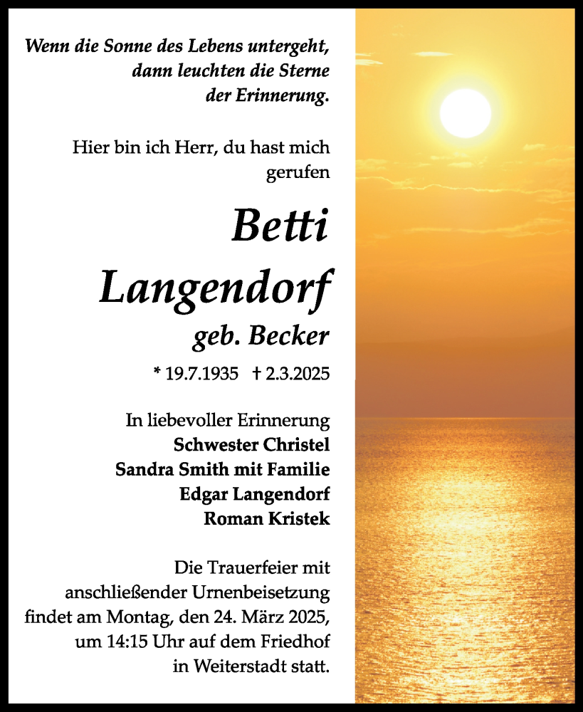  Traueranzeige für Betti Langendorf vom 15.03.2025 aus Darmstädter Echo