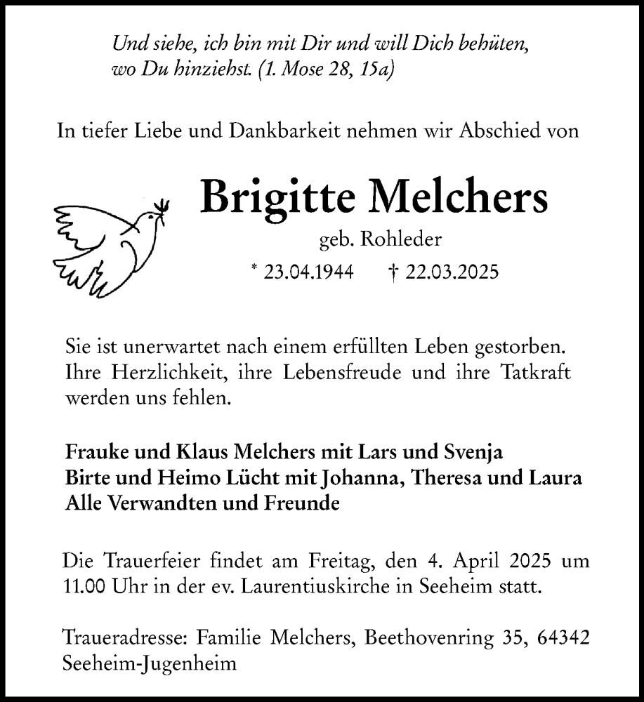 Traueranzeige für Brigitte Melchers vom 31.03.2025 aus Darmstädter Echo
