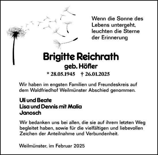 Traueranzeige von Brigitte Reichrath von Weilburger Tageblatt