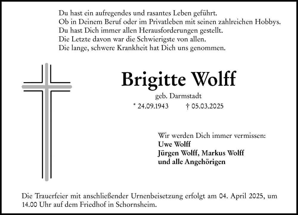  Traueranzeige für Brigitte Wolff vom 29.03.2025 aus Allgemeine Zeitung Mainz