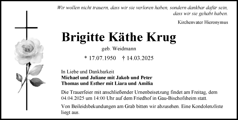  Traueranzeige für Brigitte Käthe Krug vom 22.03.2025 aus Allgemeine Zeitung Mainz