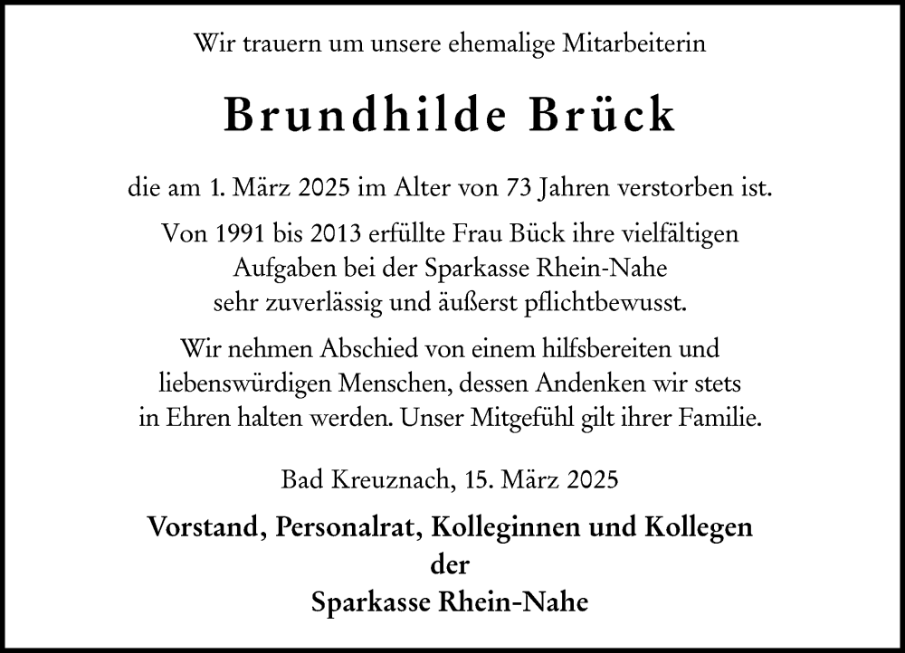  Traueranzeige für Brundhilde Brück vom 15.03.2025 aus Allgemeine Zeitung Rheinhessen-Nahe