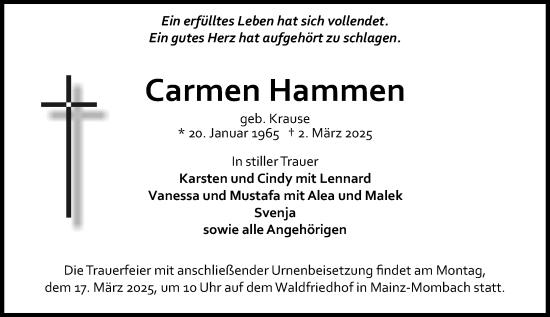 Traueranzeige von Carmen Hammen von Allgemeine Zeitung Mainz