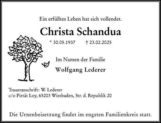 Traueranzeige von Christa Schandua von Wiesbadener Kurier