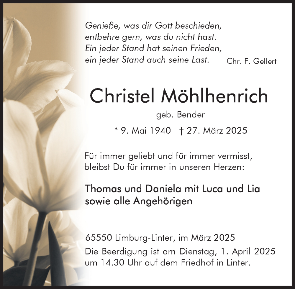  Traueranzeige für Christel Möhlhenrich vom 29.03.2025 aus Nassauische Neue Presse